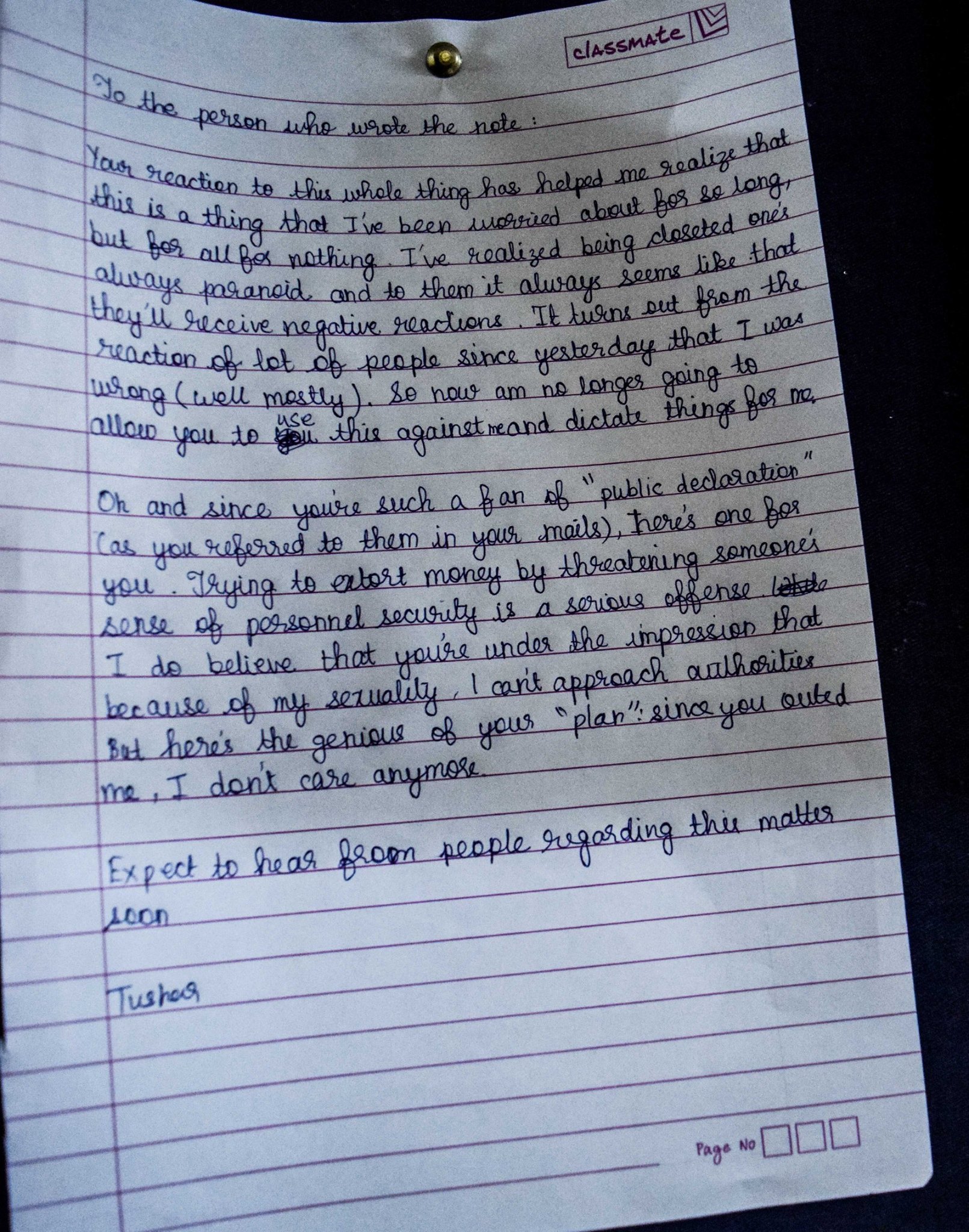 “To the person who wrote the note”: Bengaluru student responds to a homophobic extortion attempt